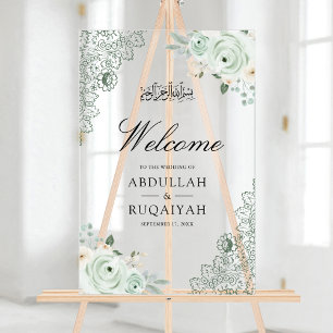 Sage Green Floral Lace Muslim Wedding Welcome Acrylic Sign
