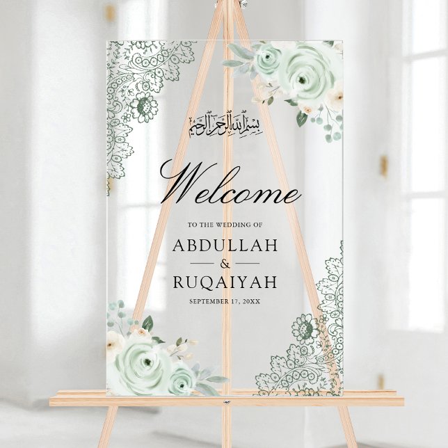 Sage Green Floral Lace Muslim Wedding Welcome Acrylic Sign (Creator Uploaded)