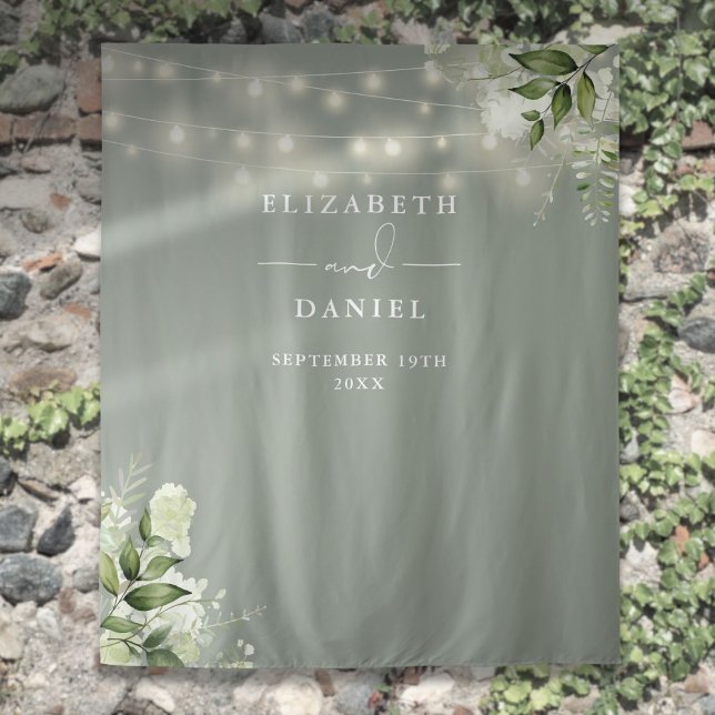 Sage Green Floral Lights Wedding Photo Backdrop Tapestry (Sage Green Floral Lights Wedding Photo Backdrop)