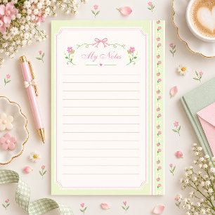 Sage Green Floral Lined Stationery Note Paper