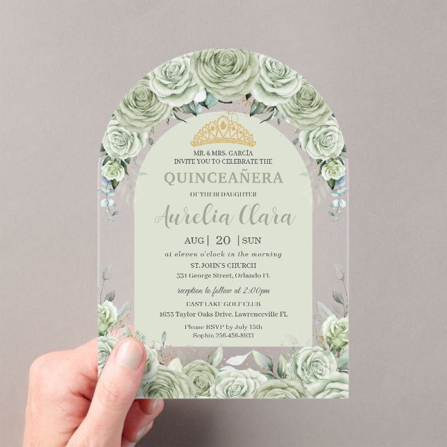 Sage Green Floral Modern Arch Gold Quinceanera  Acrylic Invitations (Insitu (Handheld))