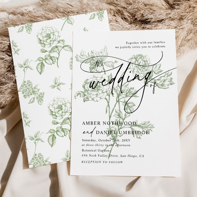 Sage Green Floral Modern Calligraphy Wedding Invitation (Creator Uploaded)
