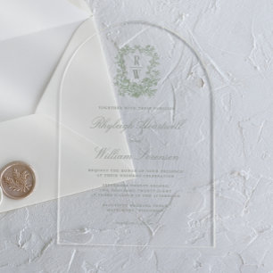 Sage Green Floral Monogram Crest Arch Wedding Acrylic Invitations