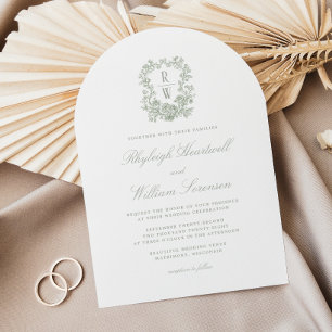 Sage Green Floral Monogram Crest Arch Wedding Invitation