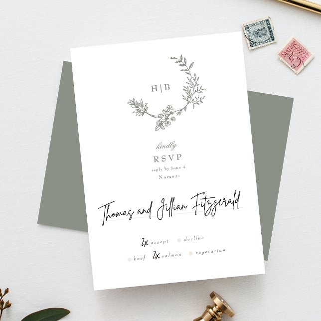 Sage Green Floral Monogram Sketched Wreath Wedding RSVP Card (Creator Uploaded)