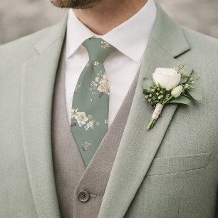 Sage Green Floral Necktie for Wedding