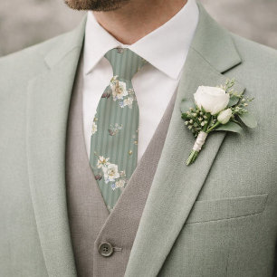 Sage Green Floral Necktie for Wedding