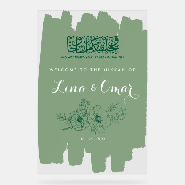 Sage Green Floral Nikkah Acrylic Sign (Front)