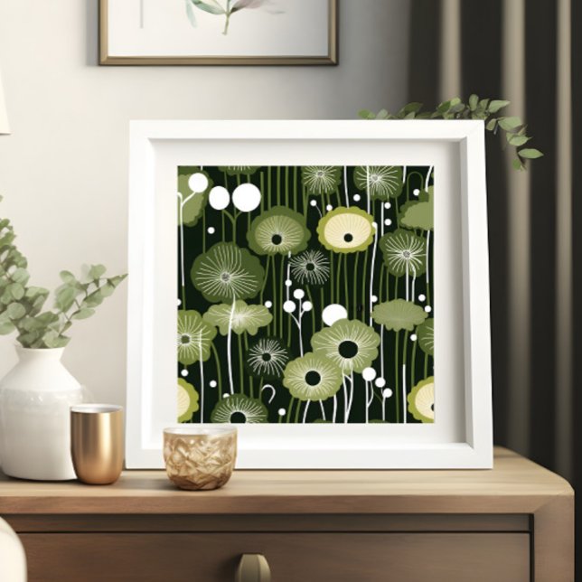 Sage Green Floral on Black Poster (Sage green flower print on dark background in white frame)