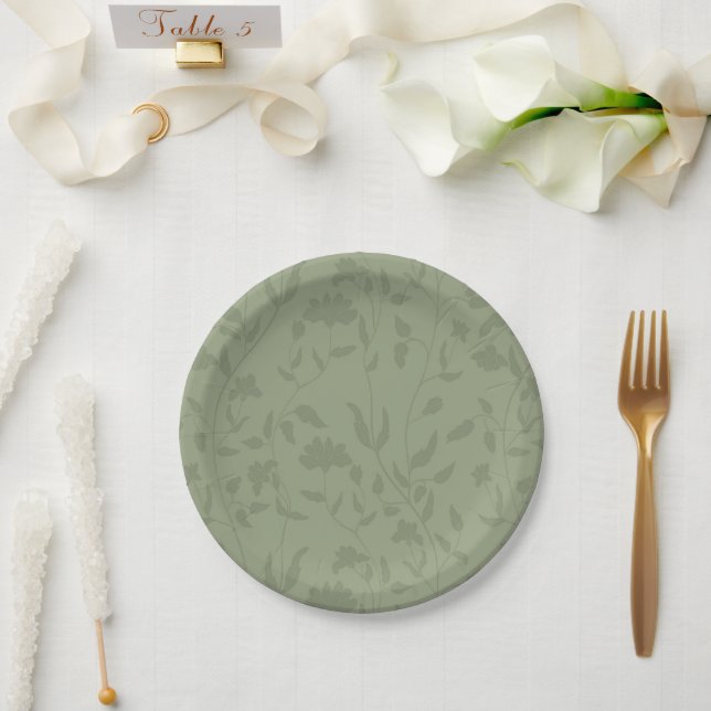 Sage green floral  paper plate (Wedding)
