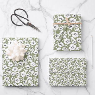 Sage Green Floral Pattern Wrapping Paper Sheet
