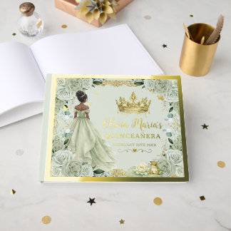 Sage Green Floral Princess and Frog Quinceanera Guest Book