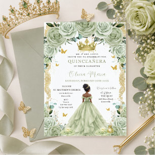 Sage Green Floral Princess and Frog Quinceañera  Invitation