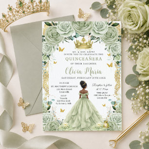 Sage Green Floral Princess and Frog Quinceañera Invitation