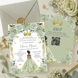 Sage Green Floral Princess and Frog Quinceañera QR Invitation