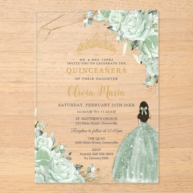 Sage Green Floral Princess Dress Gold Quinceañera  Acrylic Invitations (Front)