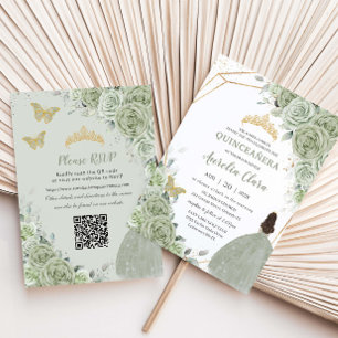 Sage Green Floral Princess Dress Quinceañera QR Invitation