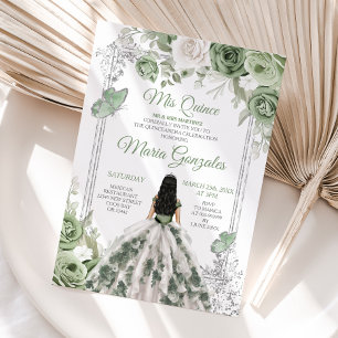 Sage Green Floral Princess Dress Silver Mis Quince Invitation