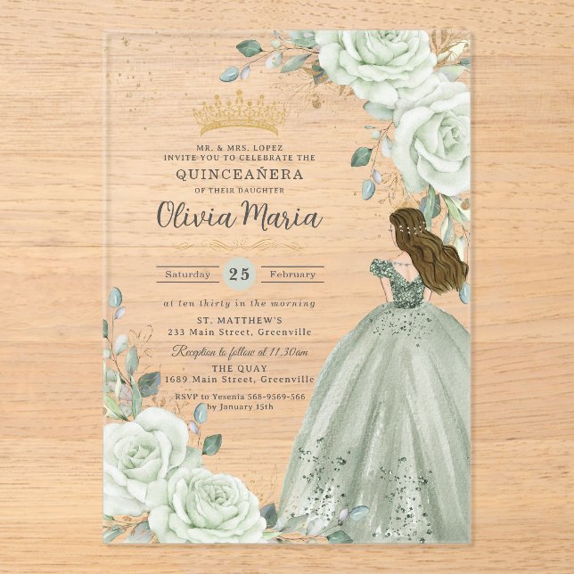 Sage Green Floral Princess Gown Quinceañera Quince Acrylic Invitations (Front)
