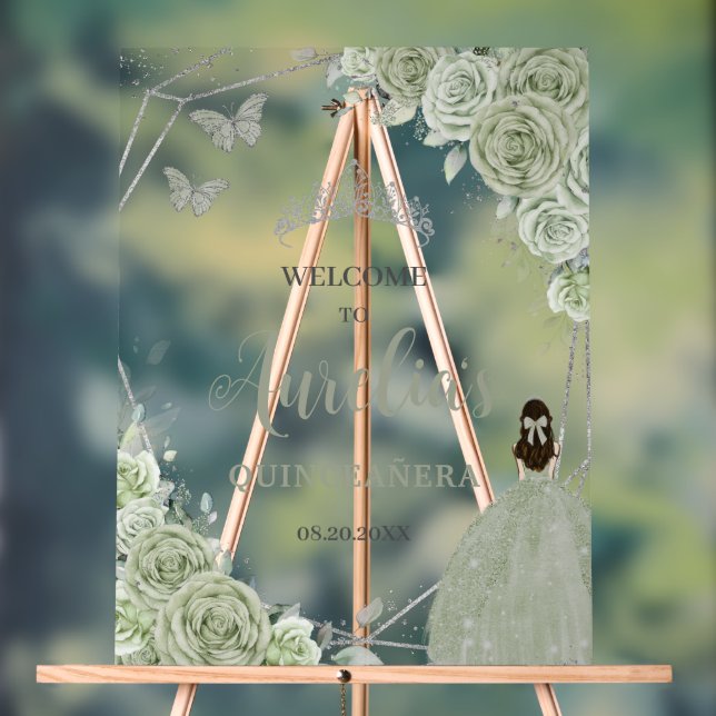Sage Green Floral Princess Quinceañera XV Welcome Acrylic Sign (Neutral)