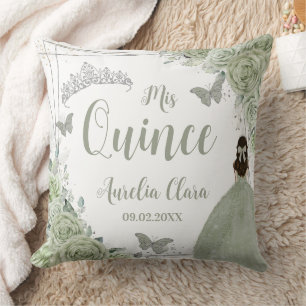 Sage Green Floral Princess Silver 15 Quinceañera Cushion