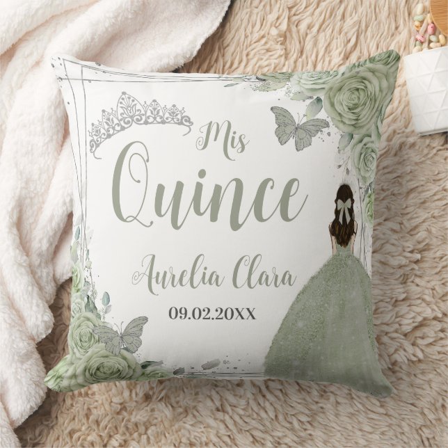 Sage Green Floral Princess Silver 15 Quinceañera Cushion (Blanket)