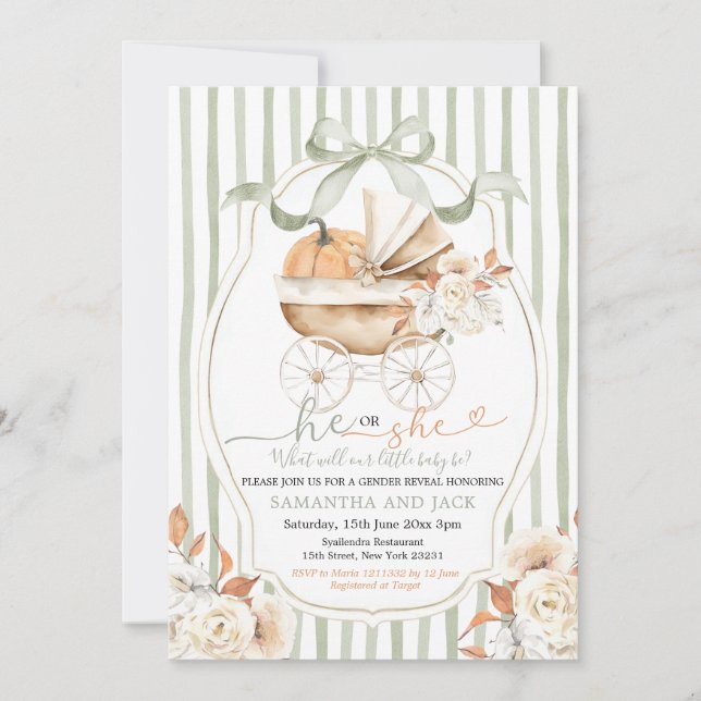 Sage Green Floral Pumpkin Carriage Gender Reveal Invitation (Front)