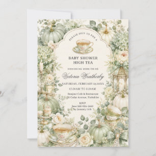 Sage Green Floral Pumpkin Tea Party Baby Shower Invitation