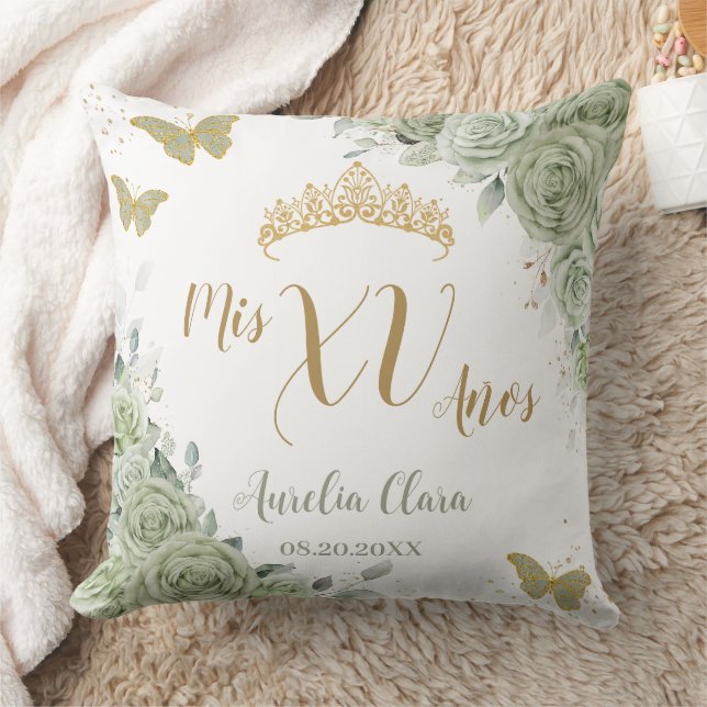 Sage Green Floral Quinceanera Birthday Butterflies Cushion (Blanket)