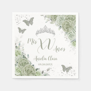 Sage Green Floral Quinceanera Birthday Butterflies Napkin