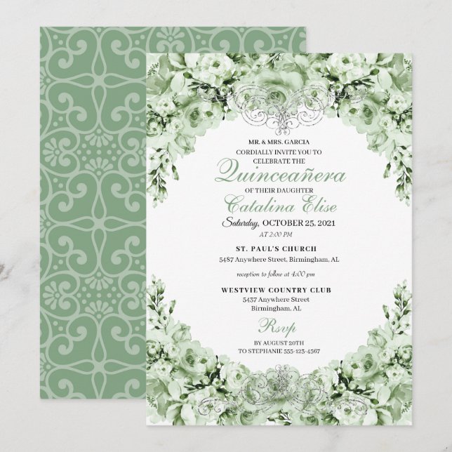 Sage Green Floral Quinceanera Birthday Invitation (Front/Back)