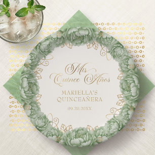 Sage Green Floral Quinceanera Paper Plate