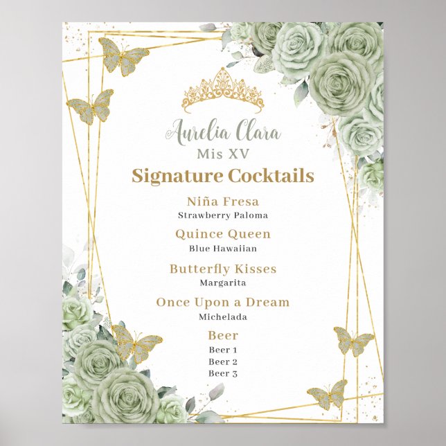 Sage Green Floral Quinceanera Signature Cocktails  Poster (Front)