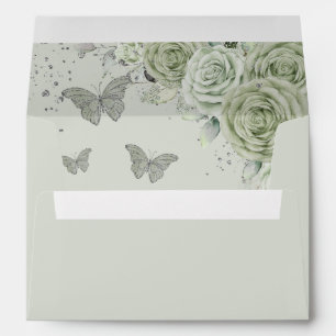  Sage Green Floral Quinceañera Sweet 16 Butterfly Envelope