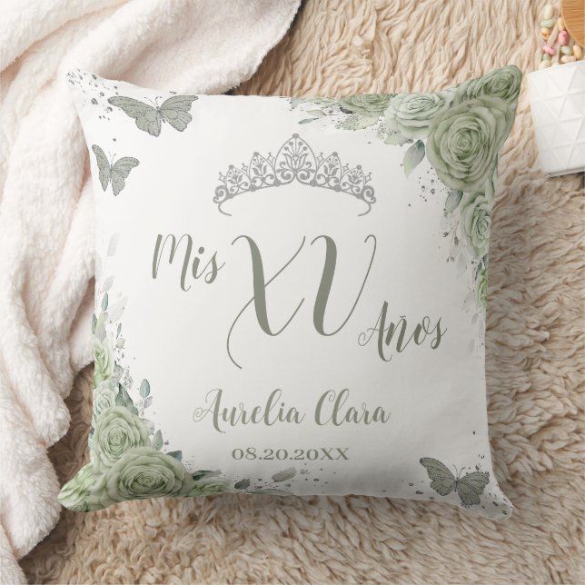 Sage Green Floral Quinceanera XV 15 Butterflies Cushion (Blanket)