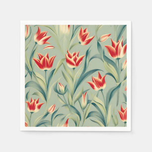 Sage Green Floral Red Tulips Napkin