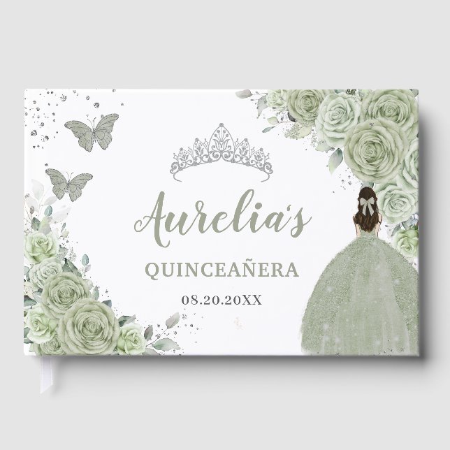 Sage Green Floral Rose Princess Silver Quinceañera Guest Book (Front)