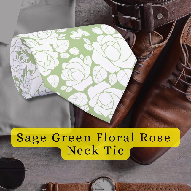 Sage Green Floral Rose White Neck Tie (Sage Green Floral Rose White Neck Tie)