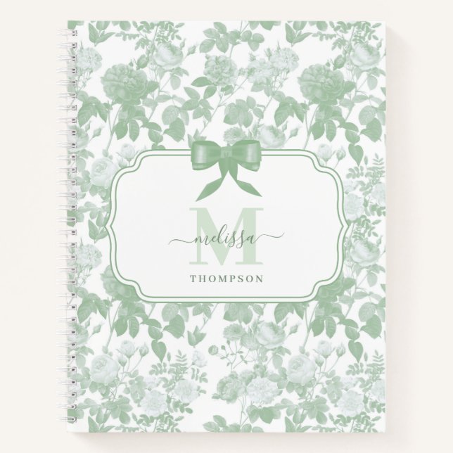Sage Green Floral Roses French Chinoiserie Pattern Notebook (Front)