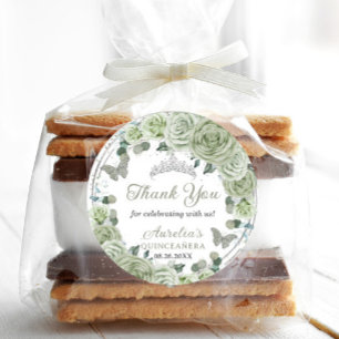 Sage Green Floral Roses Silver Tiara Butterflies  Classic Round Sticker