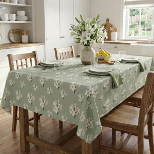 Sage Green Floral Round  with White Lilies Pattern Tablecloth