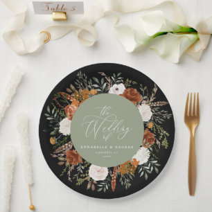 Sage green floral rustic elegant modern wedding paper plate