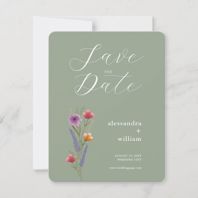 Sage Green Floral Save The Date Card (Front)
