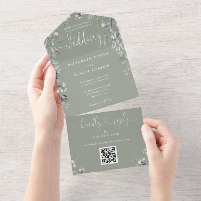 Sage Green Floral Script Hearts QR Code Wedding All In One Invitation (Tearaway)