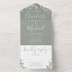 Sage Green Floral Script Monogram Wedding  All In One Invitation
