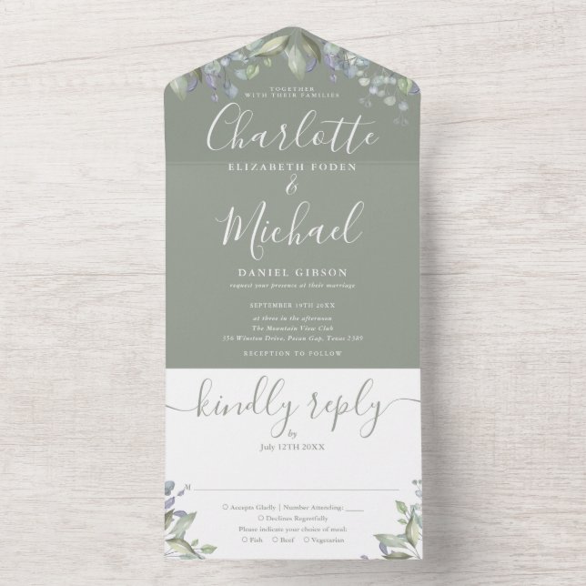 Sage Green Floral Script Monogram Wedding  All In One Invitation (Inside)