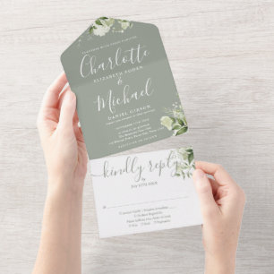 Sage Green Floral Script Monogram Wedding All In One Invitation