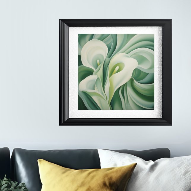 Sage Green Floral Semi-Abstract Poster (Sage green semi-abstract floral print is shown in a frame on a wall)