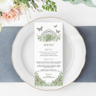 Sage Green Floral Silver Quinceanera Birthday Menu