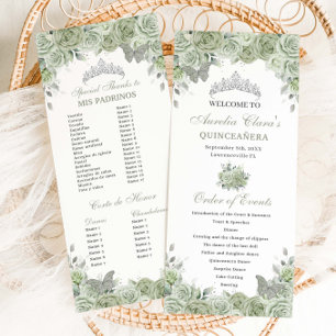 Sage Green Floral Silver Quinceañera Order Events Programme